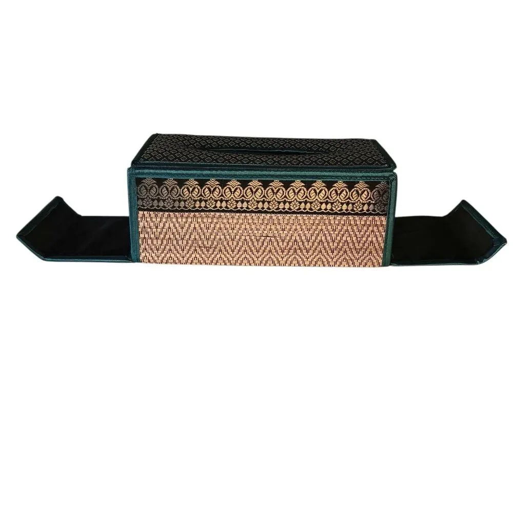 Handmade Woven Reed Tissue Box Holder Blue Green Brown Gold Rectangle Bohemian